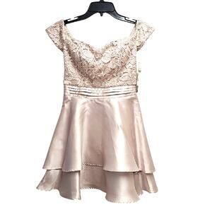 Sequin Hearts Lace Off-Shoulder Layered Champaign Color Mini Dress Size 3 (NWT)